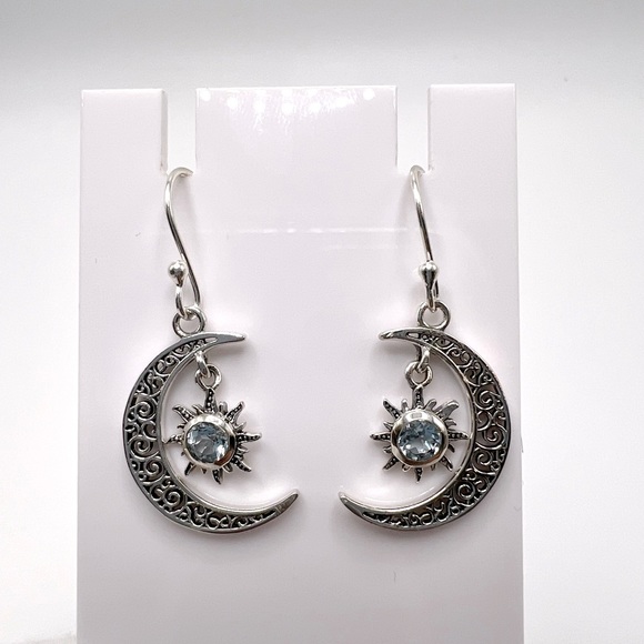 Genuine Blue Topaz .925 Sterling Silver Moon and Sun Earrings - Picture 4 of 14